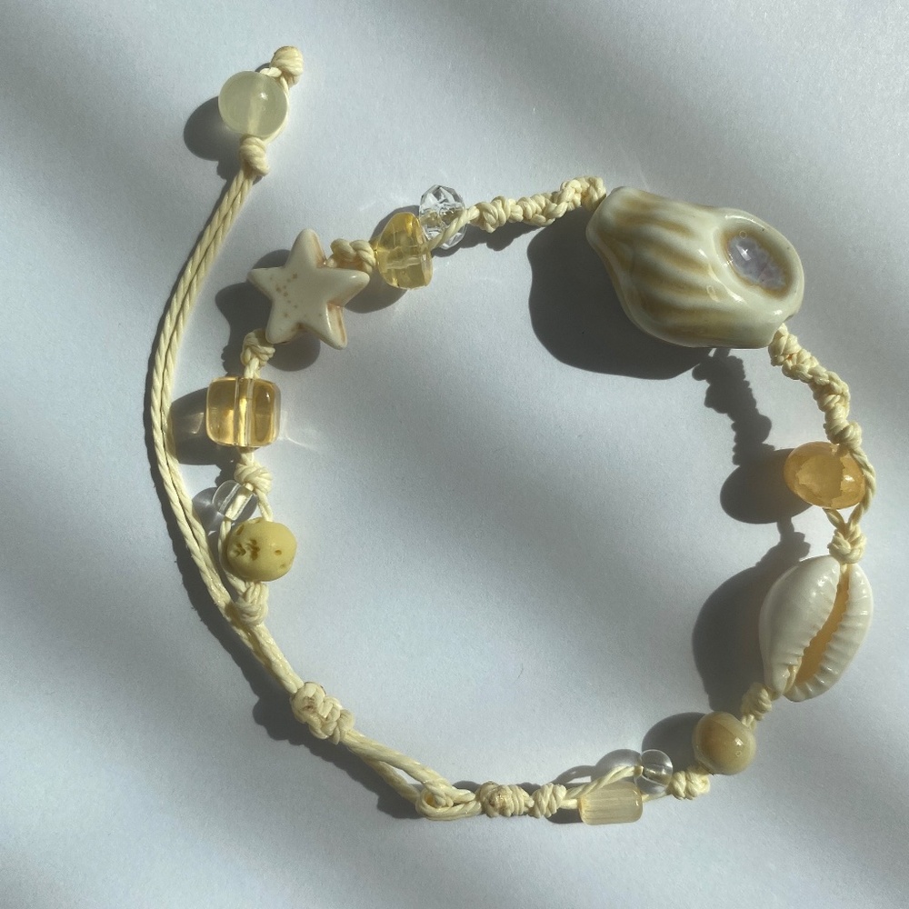 Handmade Brown Ceramic Seashell Beach Bracelet with Adjustable Beige Waxed Cord